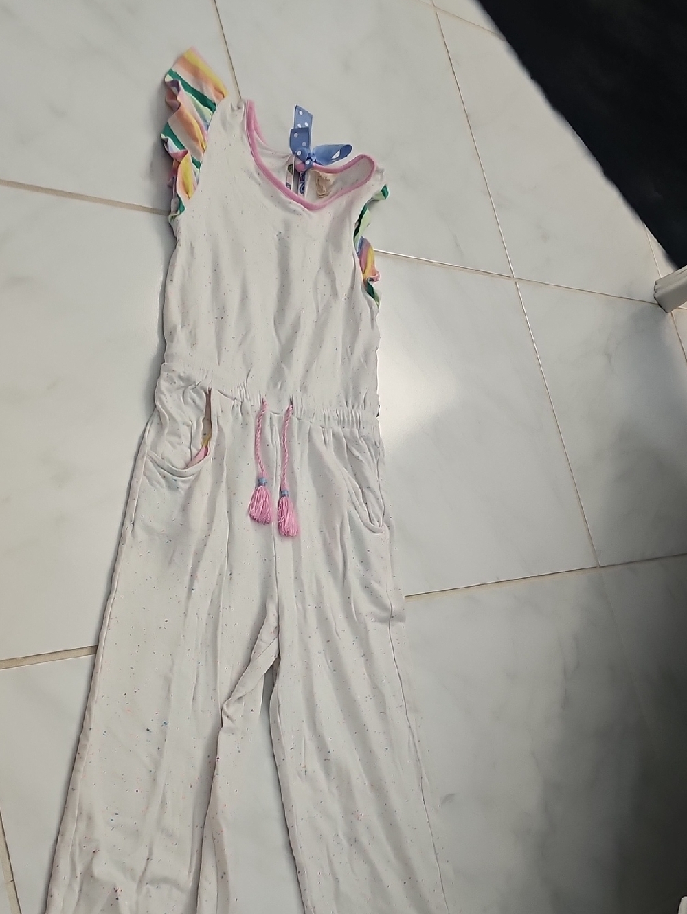 Matilda Jane White Speckled Jumpsuit with Rainbow Ruffle Sleeves